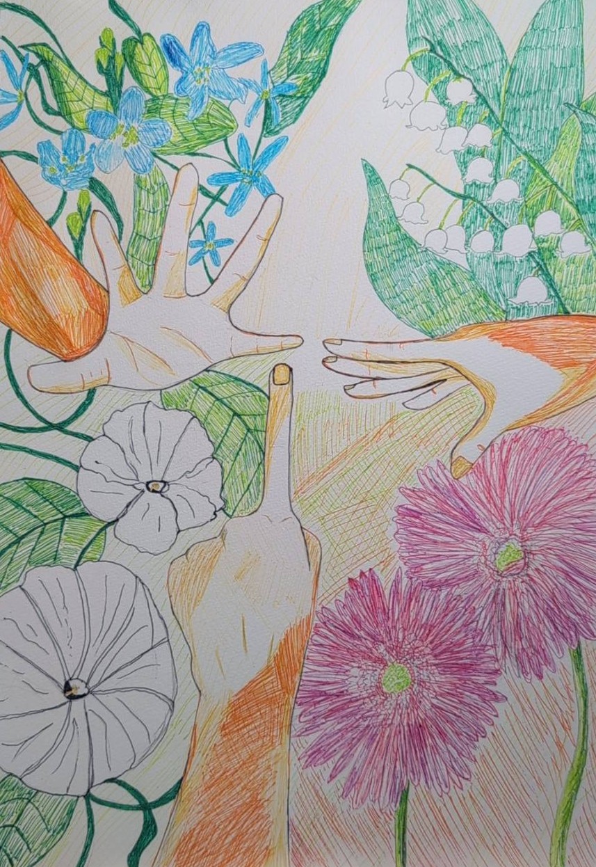 色鉛筆で描かれた色とりどりの花と、指を差し伸べる手